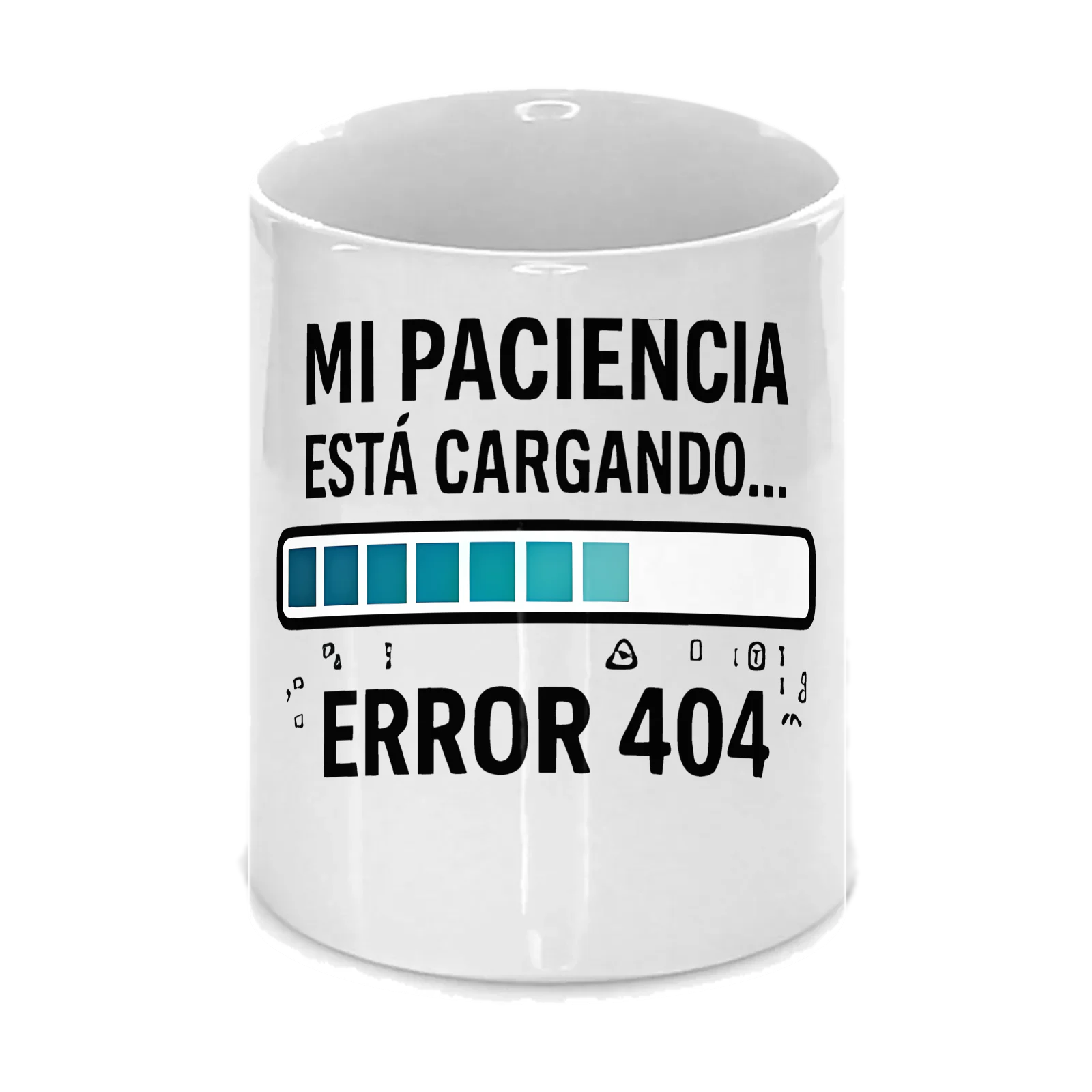Taza «Mi paciencia está cargando... Error 404» en blanco