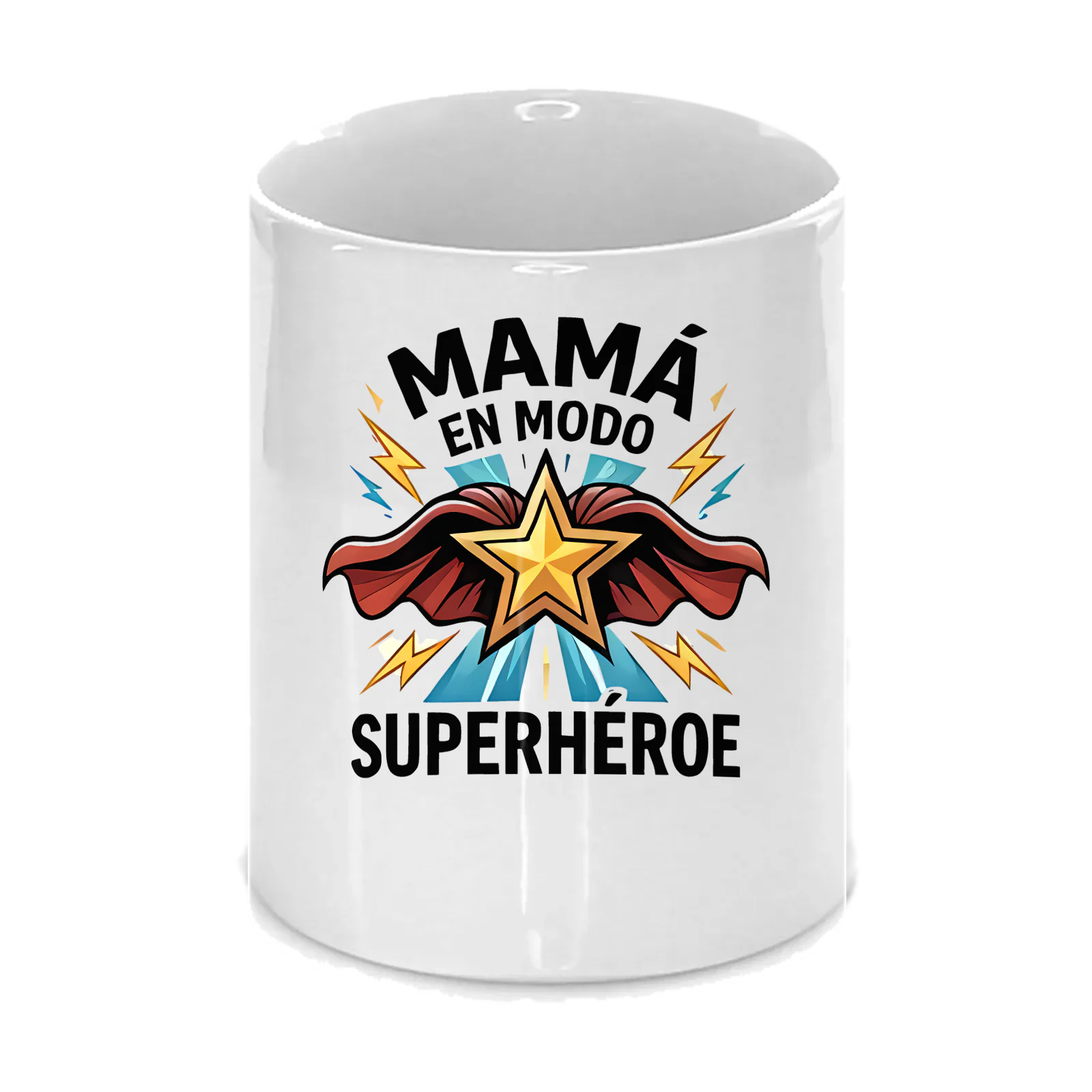Taza «Mamá en modo superhéroe» en blanco